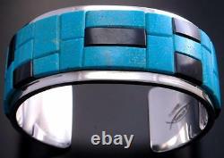 Silver Turquoise & Jet Soft Edge Navajo Inlay Bracelet by Tommy Jackson 7A27M