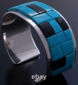 Silver Turquoise & Jet Soft Edge Navajo Inlay Bracelet by Tommy Jackson 7A27M