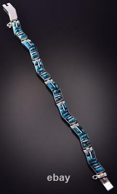 Silver & Turquoise Mountains Navajo Inlay Link Bracelet by Kenneth Bitsie ZC03E