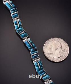 Silver & Turquoise Mountains Navajo Inlay Link Bracelet by Kenneth Bitsie ZC03E