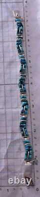 Silver & Turquoise Mountains Navajo Inlay Link Bracelet by Kenneth Bitsie ZC03E