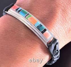 Silver & Turquoise Multistone Navajo Inlay Leather Bracelet by P. Daniels 1K06T