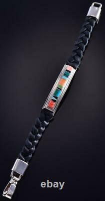 Silver & Turquoise Multistone Navajo Inlay Leather Bracelet by P. Daniels 1K06T