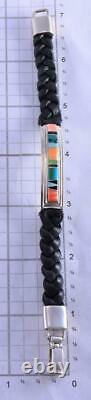 Silver & Turquoise Multistone Navajo Inlay Leather Bracelet by P. Daniels 1K06T
