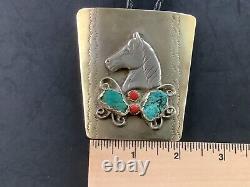Small Bear Ponca Tribe Bolo Tie sterling horse with turquoise and Coral stones