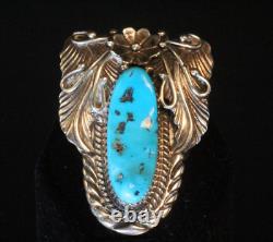 Stamped S Old Pawn Early Navajo Classic Design Kingman Turquoise Large Ring Sz 9