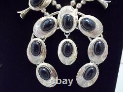 Sterling Navajo early 1900 ella peters signed Black Onyx Squash Blossom Necklace