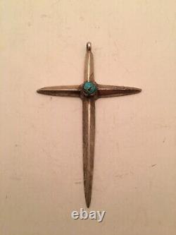Sterling silver turquoise cross/ early native american sand cast/ hand filed