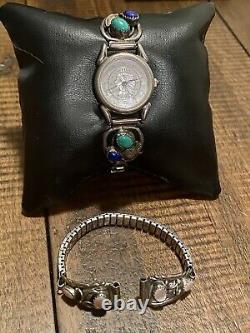 Stunning Early Navajo Turquoise, and Lapis Watch (RB) Sec/ Band Mother Of Pearl