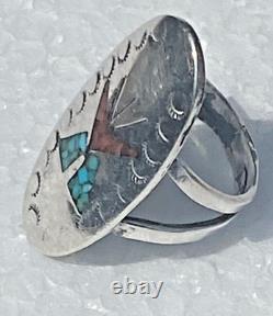 Tommy Singer, Early Sterling Silver, Coral and Turquoise Knife Wing Inlay Size 7