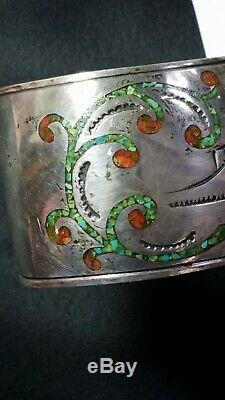 Tommy Singer Navajo Cuff Bracelet Early Signed Storyteller Turquoise Coral Inlay