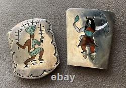 Two Early Zuni Inlay Silver Bolo Tie Slides Bennett Patent C 31