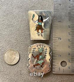 Two Early Zuni Inlay Silver Bolo Tie Slides Bennett Patent C 31