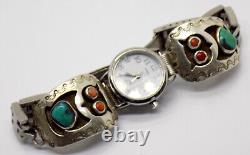 Unsigned J ABEYTA Turquoise Red Coral OWL Sterling Shadowbox Watch Band Bracelet