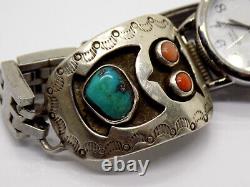 Unsigned J ABEYTA Turquoise Red Coral OWL Sterling Shadowbox Watch Band Bracelet