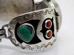 Unsigned J ABEYTA Turquoise Red Coral OWL Sterling Shadowbox Watch Band Bracelet