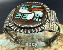 VERY RARE Early Zuni FRANK VACIT Sterling Hummingbird Design Inlay Cuff Bracelet