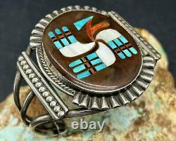 VERY RARE Early Zuni FRANK VACIT Sterling Hummingbird Design Inlay Cuff Bracelet