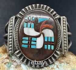 VERY RARE Early Zuni FRANK VACIT Sterling Hummingbird Design Inlay Cuff Bracelet