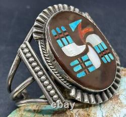 VERY RARE Early Zuni FRANK VACIT Sterling Hummingbird Design Inlay Cuff Bracelet