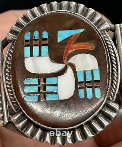 VERY RARE Early Zuni FRANK VACIT Sterling Hummingbird Design Inlay Cuff Bracelet