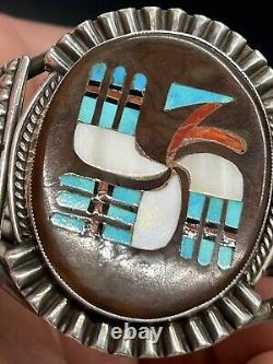 VERY RARE Early Zuni FRANK VACIT Sterling Hummingbird Design Inlay Cuff Bracelet