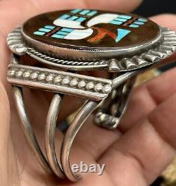 VERY RARE Early Zuni FRANK VACIT Sterling Hummingbird Design Inlay Cuff Bracelet