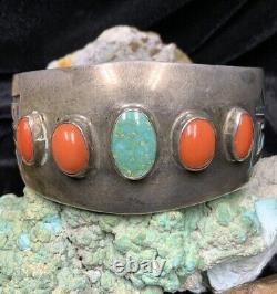 VERY RARE! Hopi Sidney Sekakuku Sterling Silver, Coral & Turquoise Bracelet