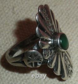 VINTAGE EARLY NAVAJO GREASY GREEN TURQUOISE STERLING SILVER RING SIZE 5 vafo