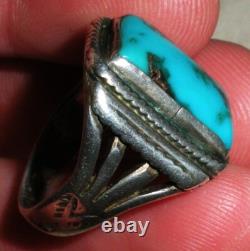 VINTAGE EARLY NAVAJO GREAT BLUE TURQUOISE STERLING SILVER RING SIZE 8.5 vafo
