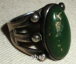 VINTAGE EARLY NAVAJO GREAT GREEN TURQUOISE STERLING SILVER RING SIZE 6 vafo
