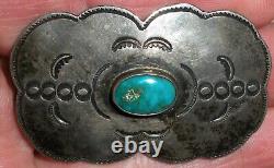 VINTAGE EARLY NAVAJO GREAT STAMPWORK TURQUOISE STERLING SILVER PIN BROOCH vafo