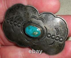 VINTAGE EARLY NAVAJO GREAT STAMPWORK TURQUOISE STERLING SILVER PIN BROOCH vafo