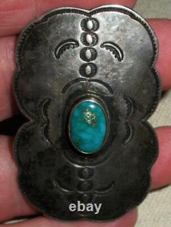 VINTAGE EARLY NAVAJO GREAT STAMPWORK TURQUOISE STERLING SILVER PIN BROOCH vafo