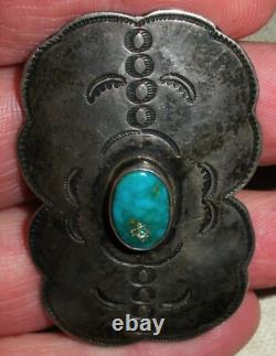 VINTAGE EARLY NAVAJO GREAT STAMPWORK TURQUOISE STERLING SILVER PIN BROOCH vafo
