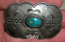 VINTAGE EARLY NAVAJO GREAT STAMPWORK TURQUOISE STERLING SILVER PIN BROOCH vafo
