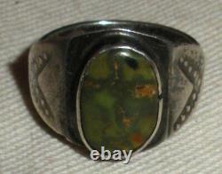 VINTAGE EARLY NAVAJO GREEN TURQUOISE STERLING SILVER RING SZ 5 GREAT STAMPS vafo