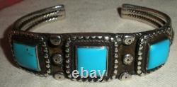VINTAGE EARLY NAVAJO QUALITY TURQUOISE STERLING SILVER TWIST WIRE BRACELET vafo