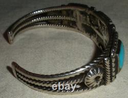 VINTAGE EARLY NAVAJO QUALITY TURQUOISE STERLING SILVER TWIST WIRE BRACELET vafo