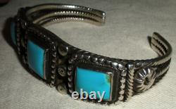 VINTAGE EARLY NAVAJO QUALITY TURQUOISE STERLING SILVER TWIST WIRE BRACELET vafo