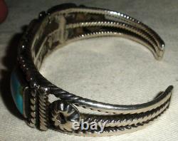 VINTAGE EARLY NAVAJO QUALITY TURQUOISE STERLING SILVER TWIST WIRE BRACELET vafo