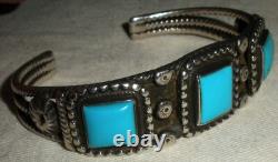 VINTAGE EARLY NAVAJO QUALITY TURQUOISE STERLING SILVER TWIST WIRE BRACELET vafo