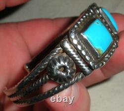 VINTAGE EARLY NAVAJO QUALITY TURQUOISE STERLING SILVER TWIST WIRE BRACELET vafo