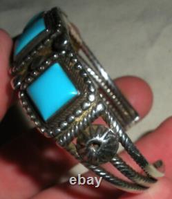 VINTAGE EARLY NAVAJO QUALITY TURQUOISE STERLING SILVER TWIST WIRE BRACELET vafo