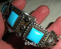 VINTAGE EARLY NAVAJO QUALITY TURQUOISE STERLING SILVER TWIST WIRE BRACELET vafo