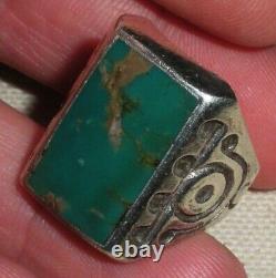 VINTAGE NAVAJO TURQUOISE EARLY STAMPWORK STERLING SILVER RING SIZE 9 vafo