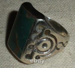 VINTAGE NAVAJO TURQUOISE EARLY STAMPWORK STERLING SILVER RING SIZE 9 vafo