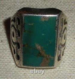 VINTAGE NAVAJO TURQUOISE EARLY STAMPWORK STERLING SILVER RING SIZE 9 vafo