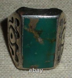 VINTAGE NAVAJO TURQUOISE EARLY STAMPWORK STERLING SILVER RING SIZE 9 vafo