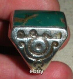 VINTAGE NAVAJO TURQUOISE EARLY STAMPWORK STERLING SILVER RING SIZE 9 vafo